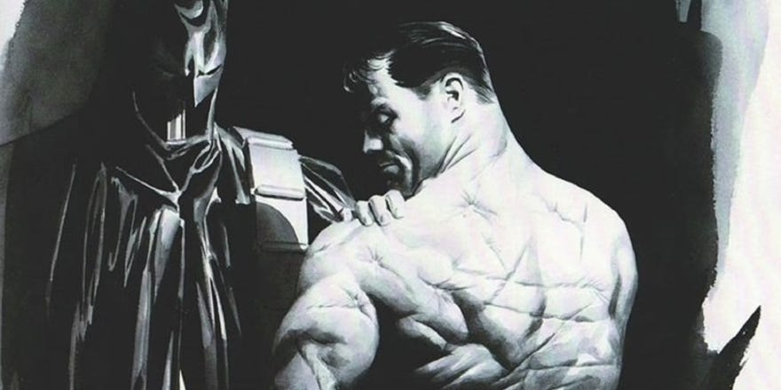 Illustration of Bruce Wayne featuring his back full of scars, next to the Batman suit
