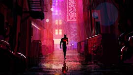 Batman Beyond walks in neon lit alleyway, garbage to the sides, rain pouring down.