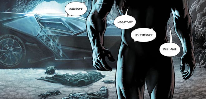 cropped panel with a nude (but censored) Bruce Wayne and the Batmobile behind him