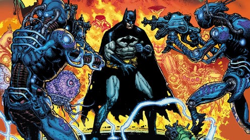 Cropped cover art featuring Batman facing two gun toting figures