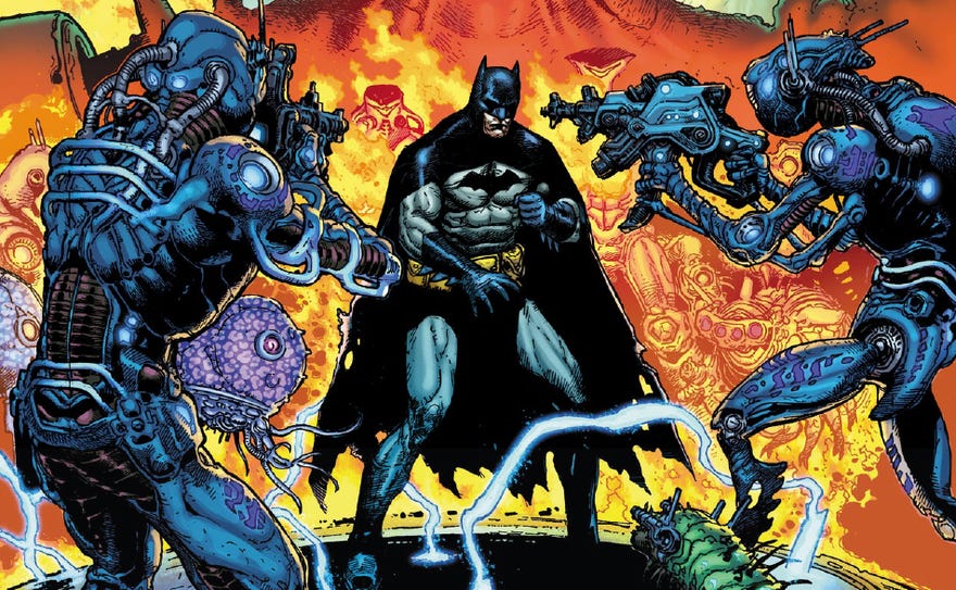 Cropped cover art featuring Batman facing two gun toting figures