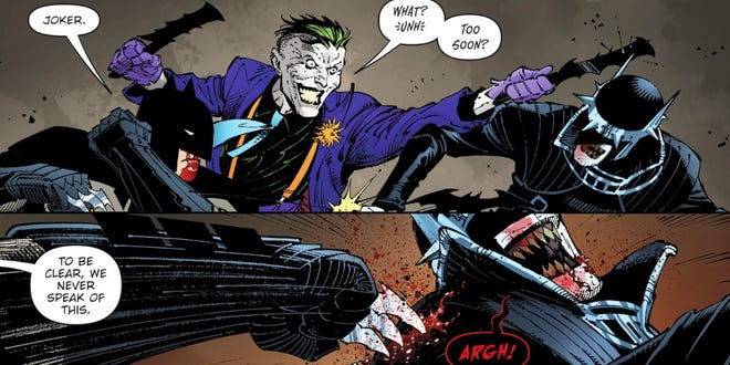 Joker fighting The Batman Who Laughs