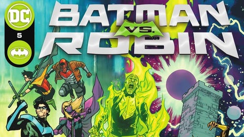 Cropped illustrated cover of Batman vs Robin 5 featuring heroes of DC like Nightwing and Red Hood