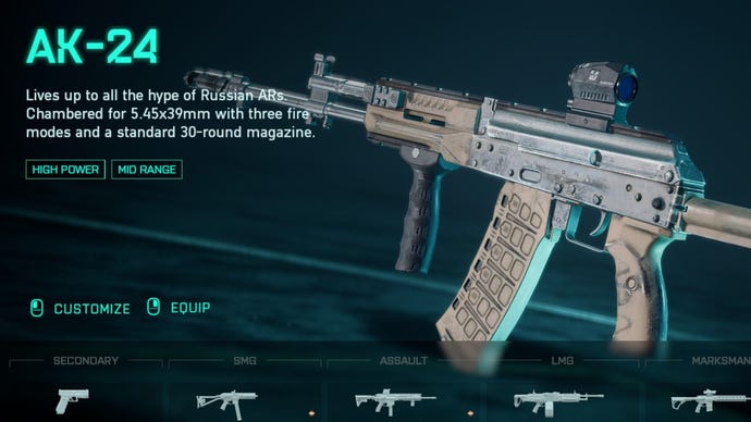 AK-24 in the loadout menu in Battlefield 2042, with descriptive text on the left