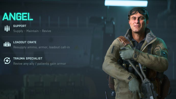 Angel stood holding an Assault Rifle in the specialist selection menu, with text on the left describing his abilities.