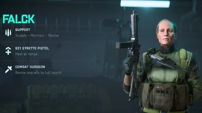Falck stood holding an SMG in the specialist selection menu. Text on the left describes her abilities.