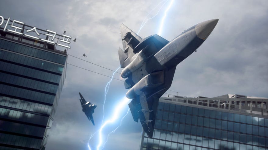 Jets flying between skyscrapers during a storm in Battlefield 2042.