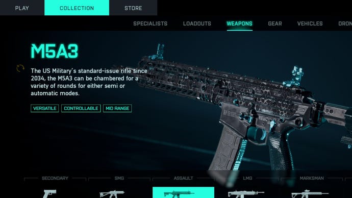 The M5A3 Assault Rifle pictured in the Battlefield 2042 loadout screen.