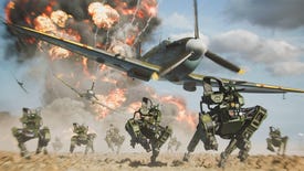 Futuristic robot dogs rush across a battlefield while spitfires fly through the skies in Battlefield 2042