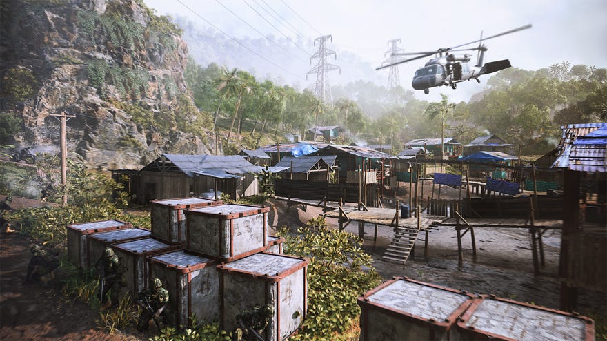 A helicopter soars over a rural village in Battlefield 2042's Valparaiso map