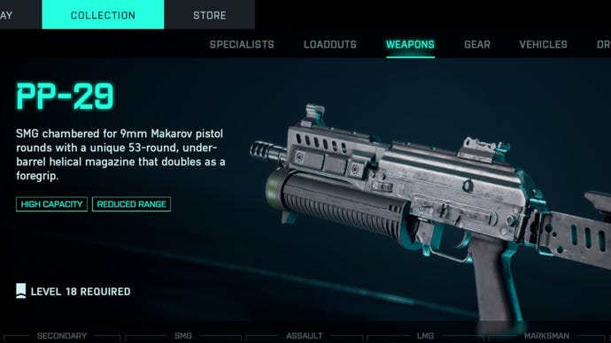The PP-29 SMG pictured in the Battlefield 2042 loadout screen.