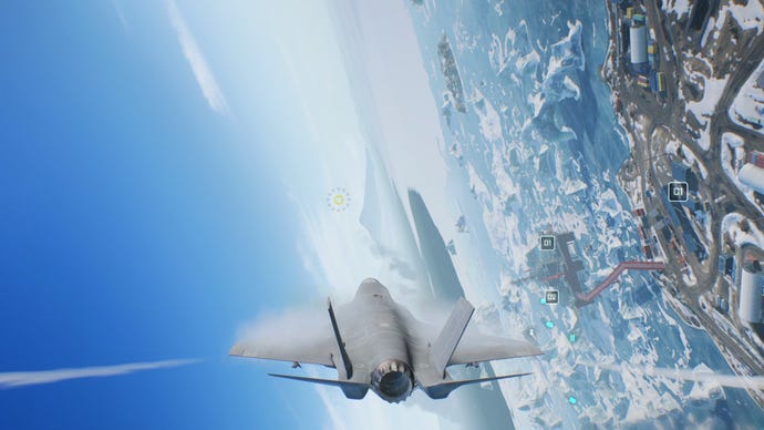 Jet rolling to turn over a snow-covered map in Battlefield 2042. Mountains in the background