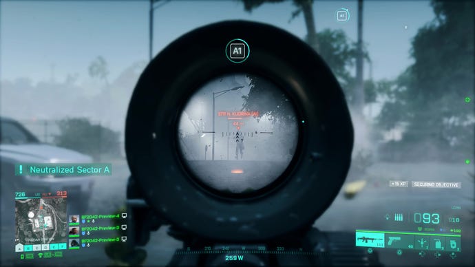 The player aims down a scope and opens fire on an enemy soldier in Battlefield 2042.