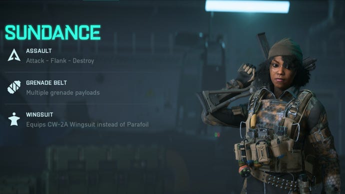 Sundance stood holding an SMG in the specialist selection menu. Text on the left describes her abilities.
