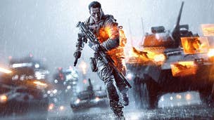 Key art of Battlefield 4, with a soldier running over rain-slicked ground, tanks and ground vehicles behind him.