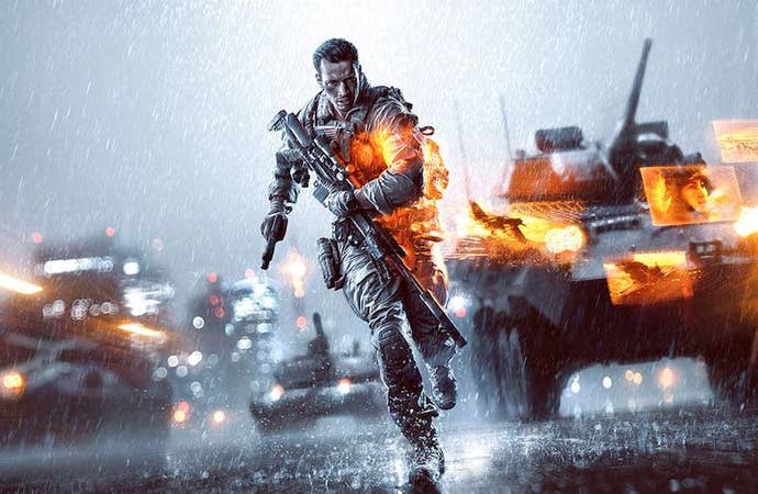 Key art of Battlefield 4, with a soldier running over rain-slicked ground, tanks and ground vehicles behind him.