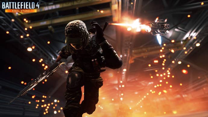 A soldier runs from an explosion in Battlefield 4's Final Stand DLC.