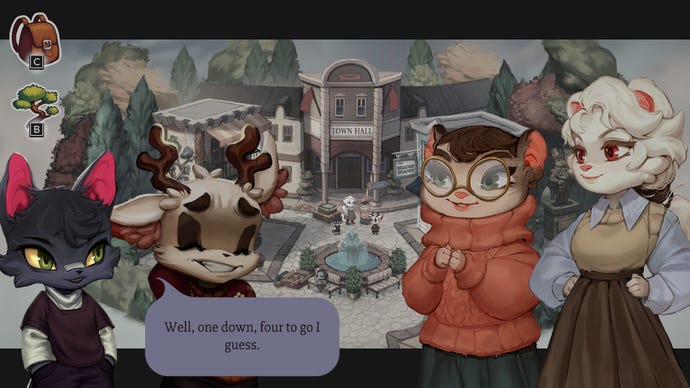 A group of anthropomorphic animal characters chat to each other in Beacon Pines.