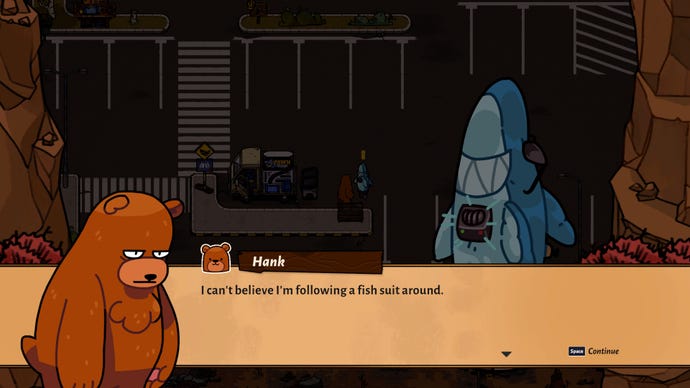 A screenshot of some dialogue in Bear And Breakfast, in which Hank says to himself, "I can't believe I'm following a fish suit around".