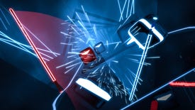 A screenshot of Beat Saber, a VR rhythm game, in which neon blocks are rushing towards the screen and being sliced apart by floating lightsabers.