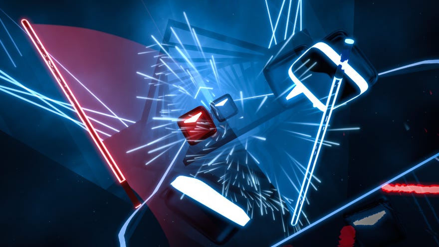 A screenshot of Beat Saber, a VR rhythm game, in which neon blocks are rushing towards the screen and being sliced apart by floating lightsabers.