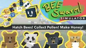 The Roblox banner for the Bee Swarm Simulator experience, showing a swarm of bees and a group of bears. The tagline reads: "Hatch Bees! Collect Pollen! Make Honey!"