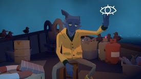 A screenshot of Before Your Eyes showing the Ferryman, a dishevelled humanoid dog dressed as a sailor.