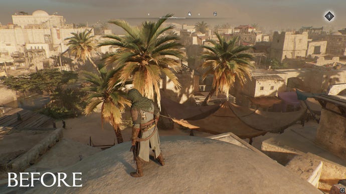 Ein Bildschirm von Assassin's Creed: Mirage vor der Entfernung der chromatischen Aberration
