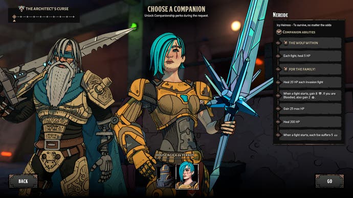 The character select screen in Beneath Oresa. You select your hero and a companion. The hero here is a blind paladin, a grizzled old warrior with a long grey bear and hair, and a blindfold presumably to reinforce that he cannot see. The companion is a blue-haired and fully armoured hunter character, although she looks quite like a paladin too, with a huge blue sword.