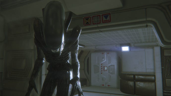 The xenomorph stalking towards the camera in Alien Isolation