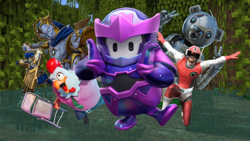 Een samenstelling van personages van herfstjongens, PUBG, Fortnite, Apex Legends en Rumbleverse, tegen een achtergrond van Minecraft