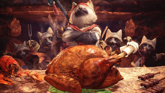 A group of Palico cat creatures in Monster Hunter World look at a delicious roast chicken