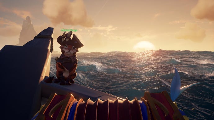 A lovely cat sitting on the prow of a boat in Sea Of Thieves