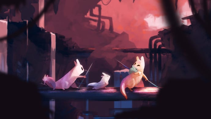 The family of cat creatures travelling together in Rain World