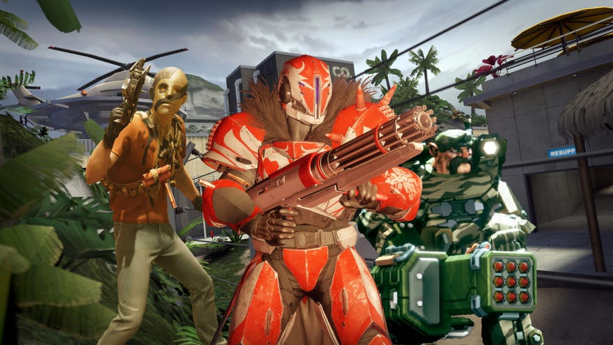 Một người bảo vệ từ Destiny, một NPC từ Deathloop và một người lùn từ Deep Rock Galactic, tất cả đều cầm những khẩu súng lớn, được đặt chồng lên trên màn hình bản đồ từ Pháo đài Team 2