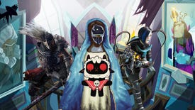 A composite image showing a statuette of the Virgin Mary, the lamb from Cult Of The Lamb, a knight from Elden Ring and a competitor from Apex Legends, over a background from Return To Monkey Island