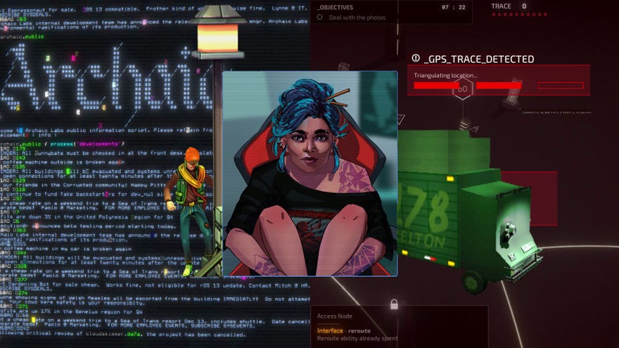 Kompozitní obrázek vyrobený z částí pěti různých hackerských her: Hackmud, Midnight Protocol, Else Heart.break (), Quadrilaterální kovboj a písně Farca