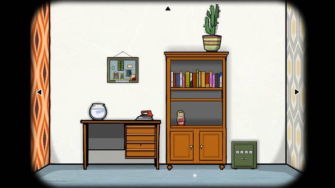 A living room scene showing a desk with a fishbowl and iron atop it; a bookshelf with books, a babushka doll, and cactus plant; a safe box; and a picture on the wall. The walls visible to either side have wallpaper similar to the iconic Shining carpet print.