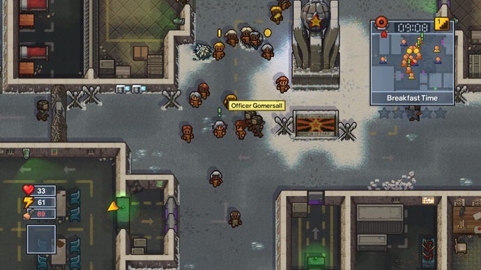 A top-down view of a snowy prison scene in The Escapists 2