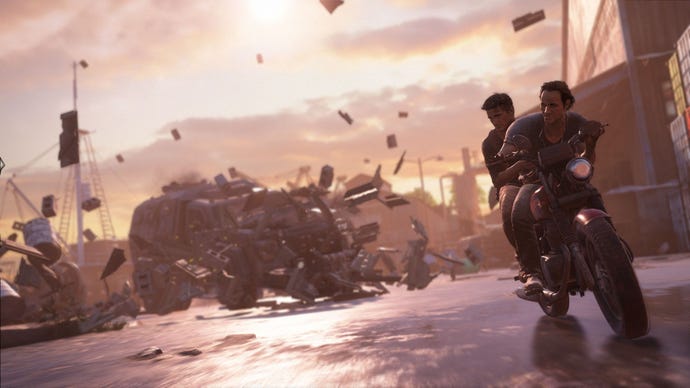 Two men escape on a motorcycle as they're chased by an armoured car in Uncharted 4