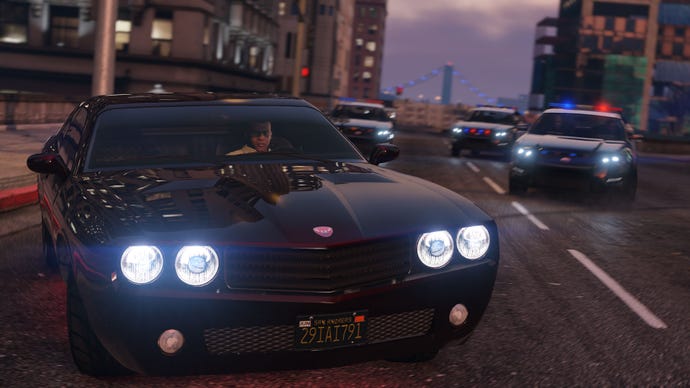 A man drives a shiny car away from police in GTA Online