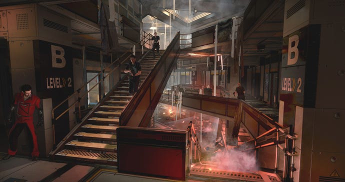 Jensen waits around the corner of an industrial prison in Deus Ex: Mankind Divided