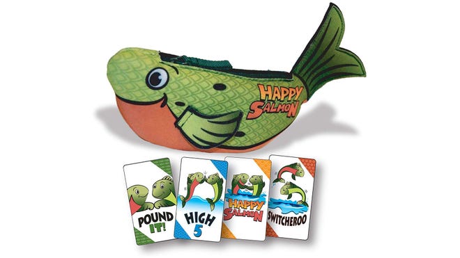 Happy Salmon party board game box and cards