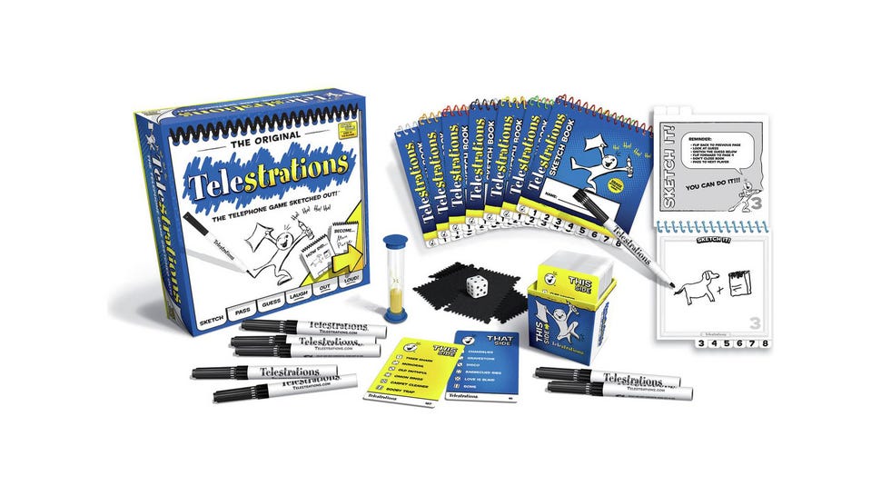 Telestrations party board game box and components