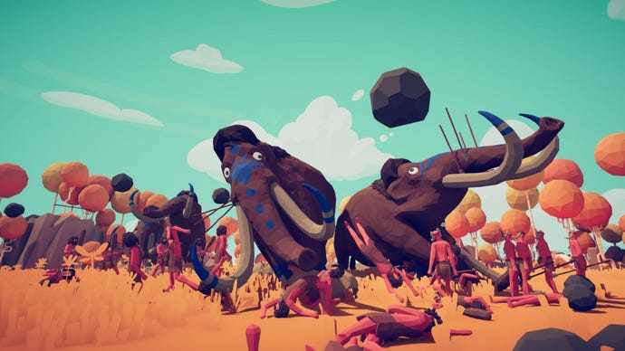 Wobbly mammoths fighting caveman in a Totally Accurate Battle Simulator screenshot.