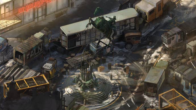 The town square in Disco Elysium, the best adventure game on PS5