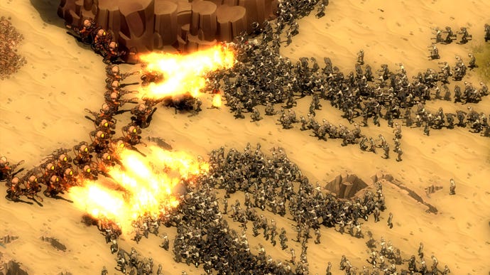 A huge hoard of zombies attacking a defensive line of flamethrower soldiers in They Are Billions