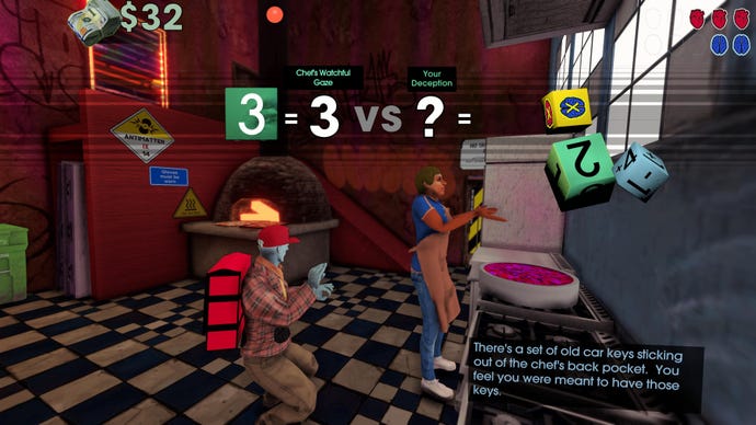 Attempting to pickpocket a pizza chef in a Betrayal at Club Low screenshot.