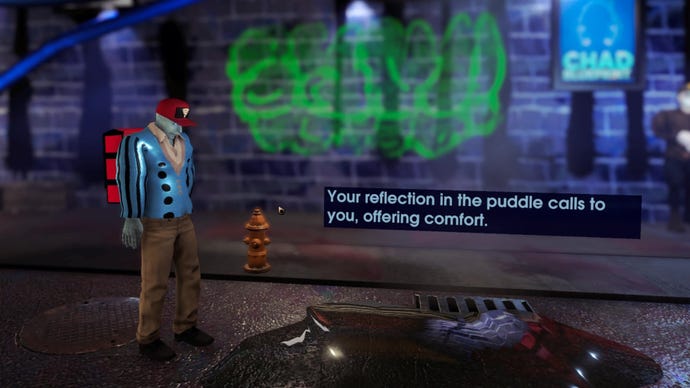 A blue pizza delivery man stares down at a puddle that offers comfort in Betrayal At Club Low.