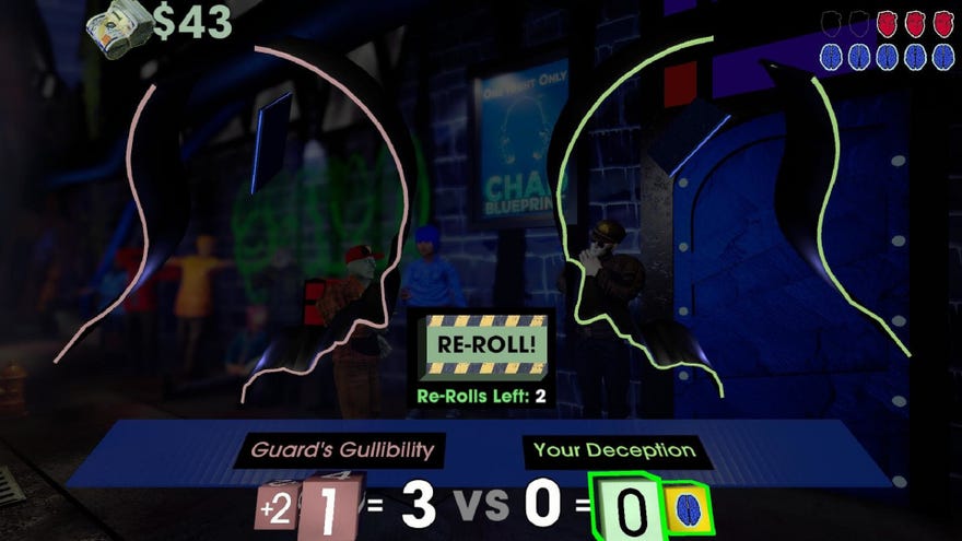 Two human heads in outline literally face off against each other over a series of dice rolls in Betrayal At Club Low.
